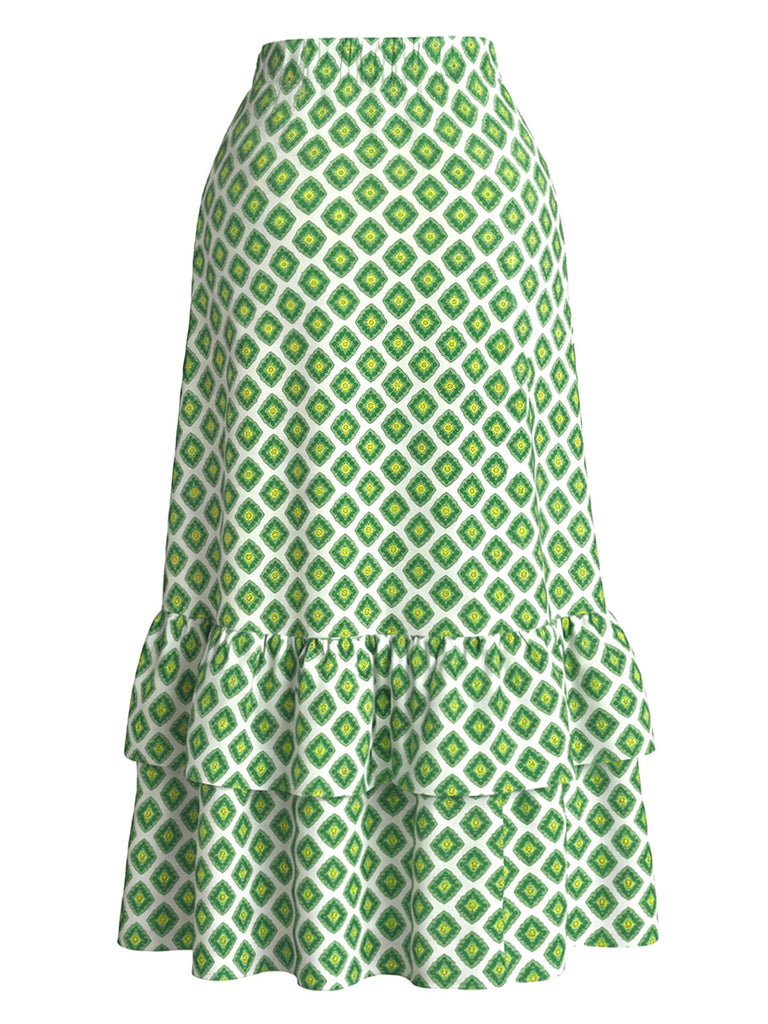 60er Maxirock mit Geometrie-Print und Rüschensaum