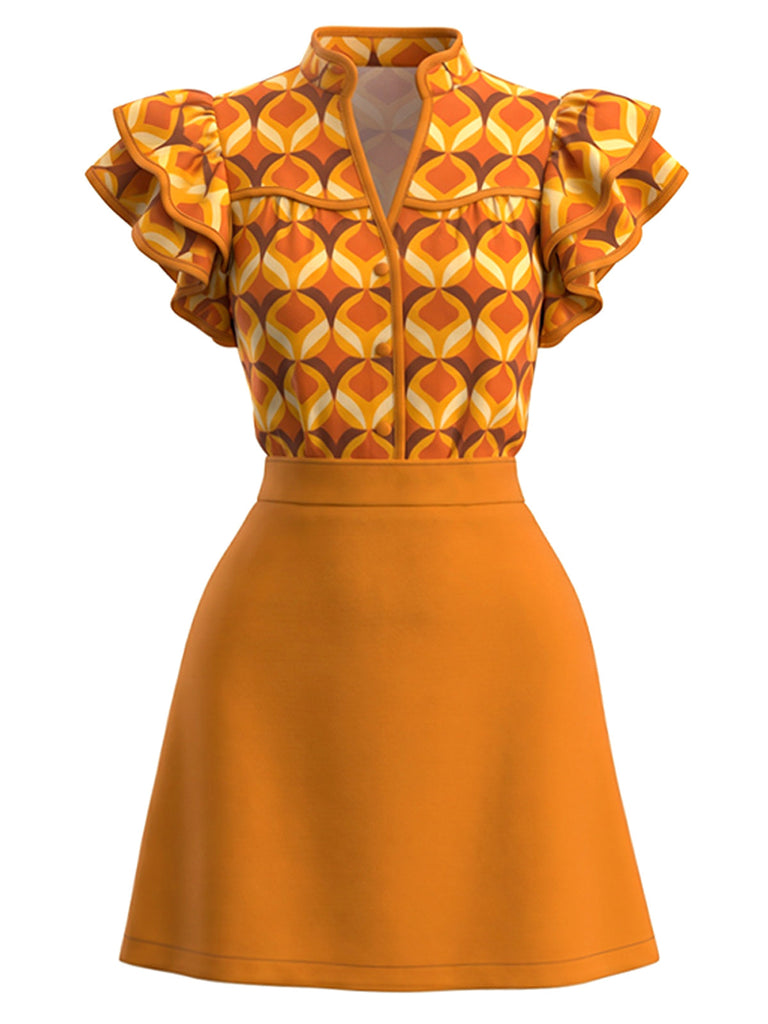 Orange 60er Kleid mit Rüschen und Print