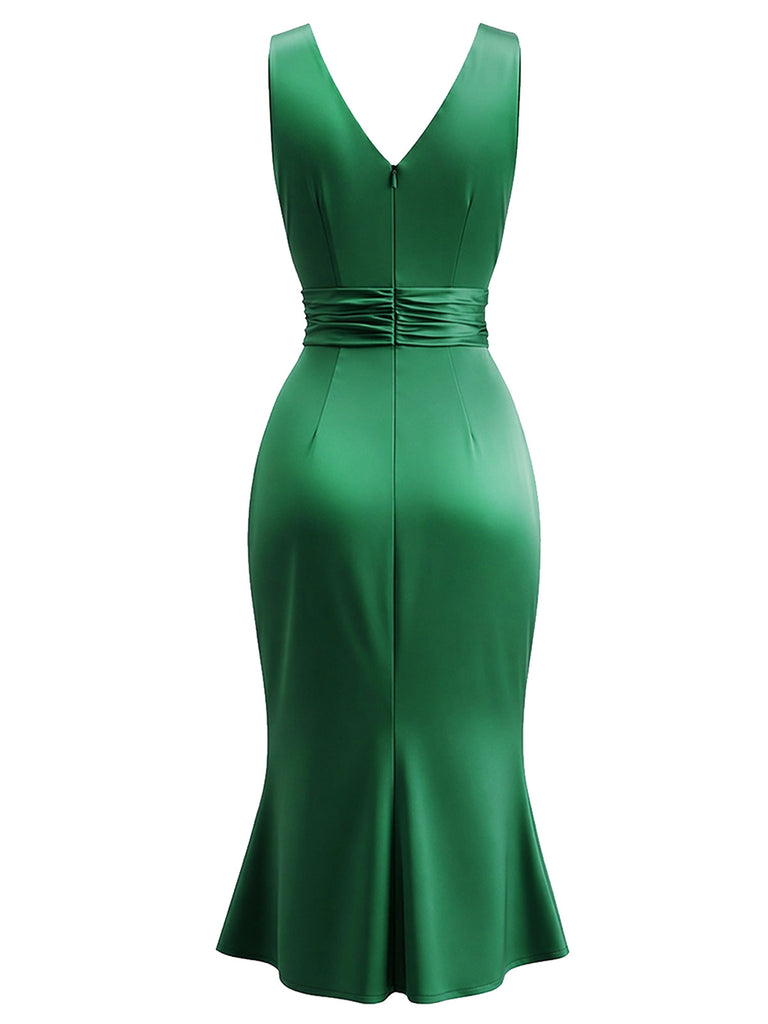 Grünes 50er Satin-Meerjungfrauenkleid mit Raffungen