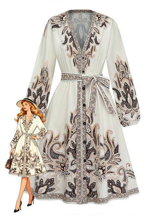 70er Boho Kleid mit V-Ausschnitt und Ballonärmel