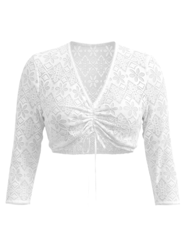 Weißes 50er Crop-Top mit V-Ausschnitt und Spitze
