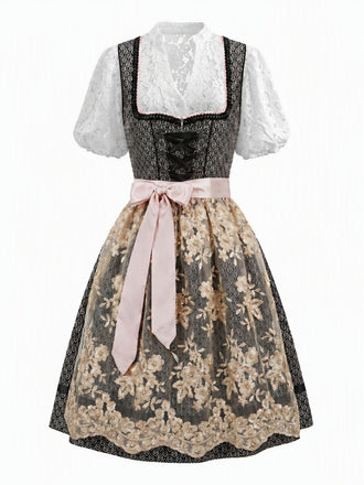 Schwarzes 50er Oktoberfest-Dirndl-Set mit Spitzentop und Blumenschürze