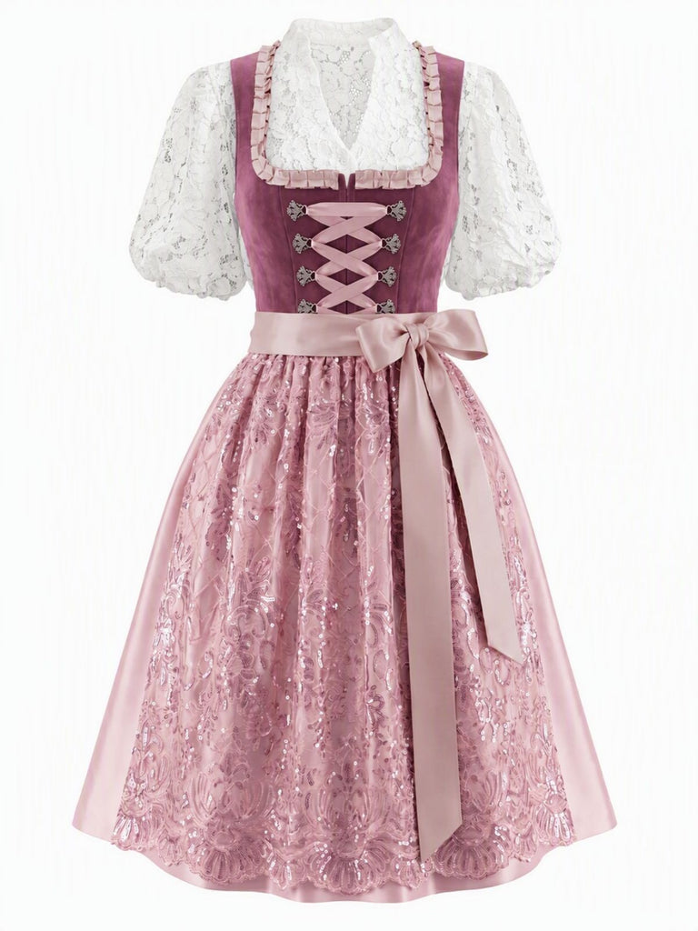 Rosa 50er Oktoberfest-Dirndl-Set mit weißem Top und Paillettenschürze