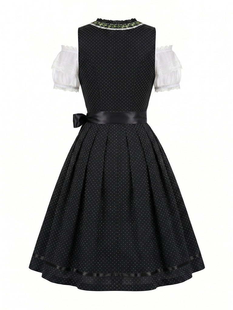 50er schulterfreies Baumwoll-Kleid mit Polka-Dots und Gingham