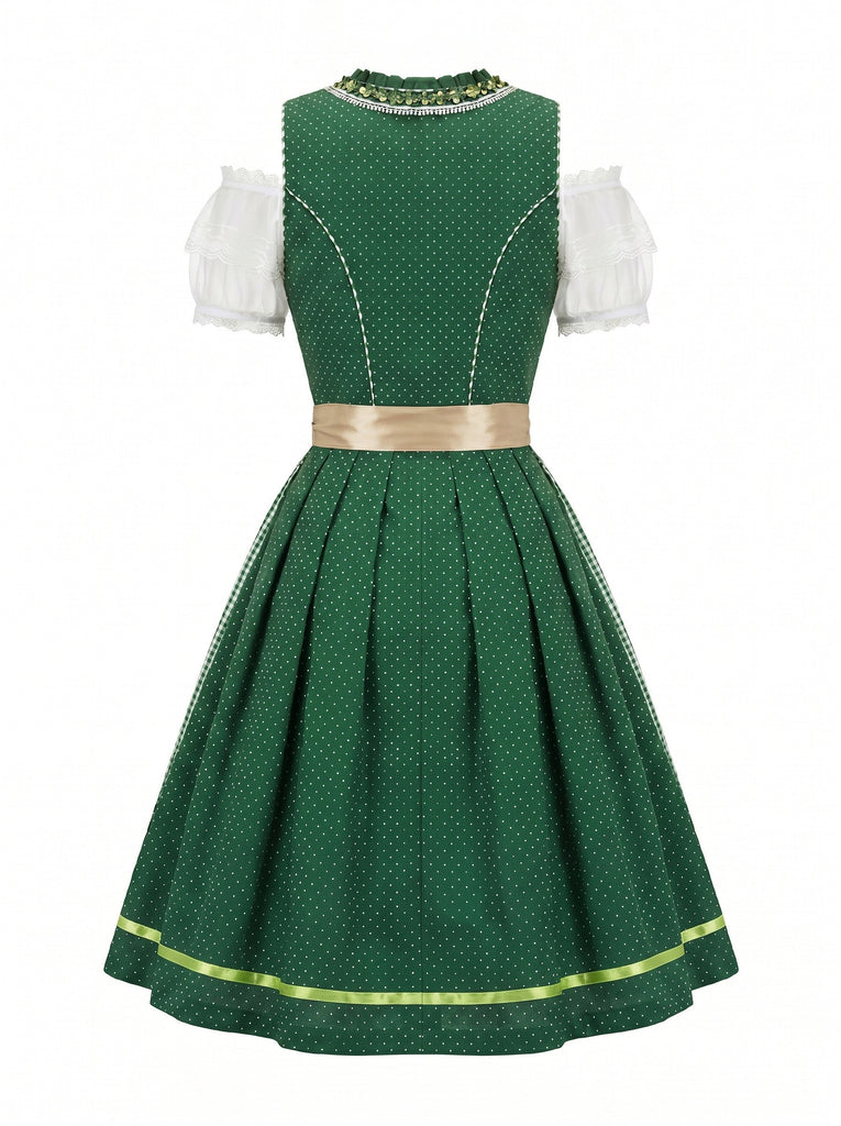50er schulterfreies Baumwoll-Kleid mit Polka-Dots und Gingham