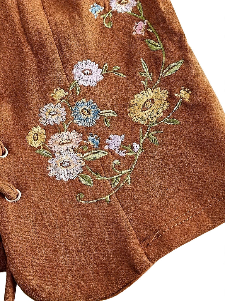 Brauner 70er Boho Korsett mit Schnürung und Blumenstickerei