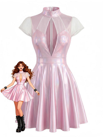 Rosa 60er Kleid mit Tiefer V-Ausschnitt und Patchwork