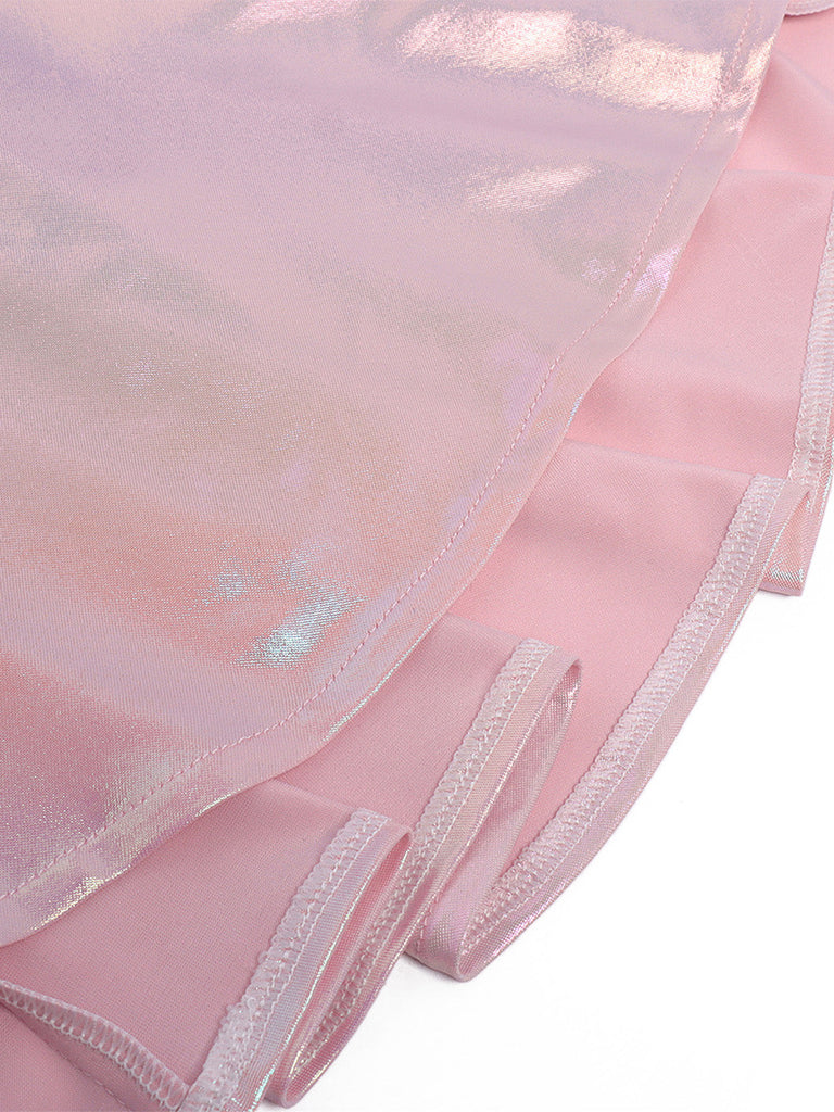 Rosa 60er Kleid mit Tiefer V-Ausschnitt und Patchwork