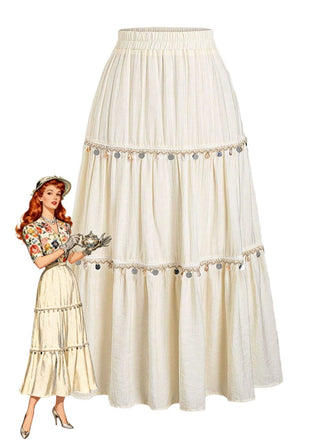 Beiger 70er Boho Stufenrock mit Pailletten