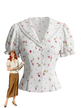 Weiße 40er Bluse mit Spitze und Perlenknöpfen