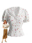 Weiße 40er Puffärmelbluse mit Blümchenprint und Spitzenrevers