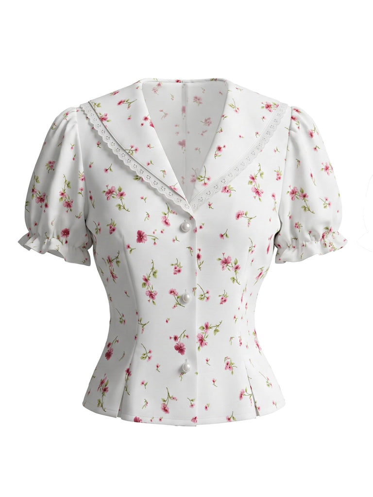 Weiße 40er Bluse mit Spitze und Perlenknöpfen
