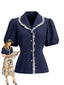 Marineblaue 50er Bluse mit Puffärmeln und Spitzenbesatz