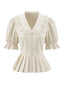 Beige 70er Bluse mit Peter-Pan-Kragen und Puffärmel