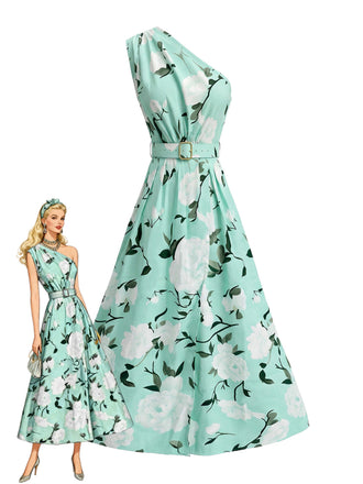 Grünes 50er Ärmelloses Kleid mit One-Shoulder und Blumen