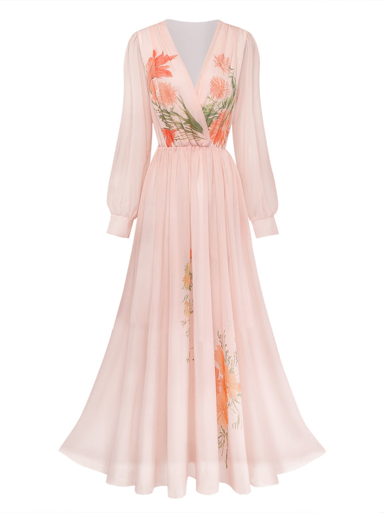 Orange & Rosa 30er Maxikleid mit Puffärmel und Blumen