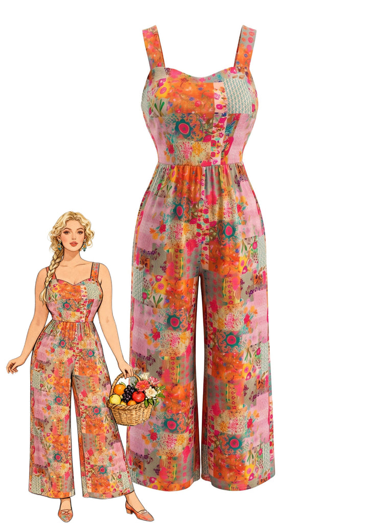 [Übergröße] Mehrfarbiger 70er Jumpsuit mit Blumen und Patchwork