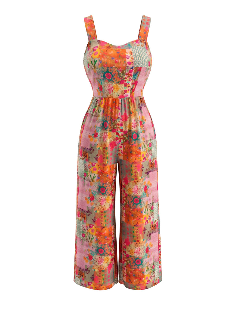 [Übergröße] Mehrfarbiger 70er Jumpsuit mit Blumen und Patchwork