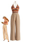 Khaki 70er Neckholder-Jumpsuit mit Tribal-Print und weitem Bein