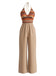 Khaki 70er Jumpsuit mit Neckholder und Print