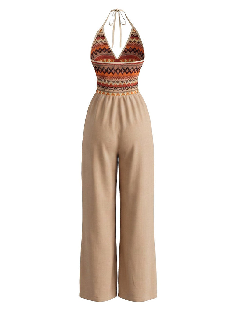 Khaki 70er Jumpsuit mit Neckholder und Print
