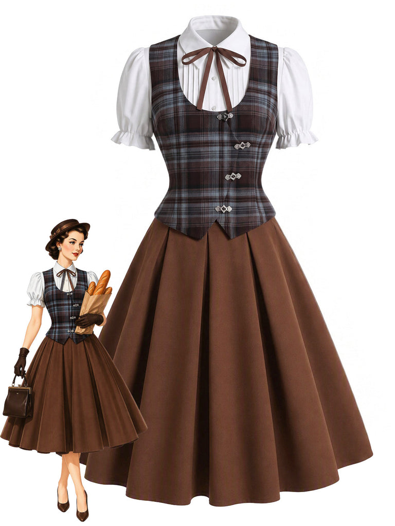 50er Bluse mit Puffärmel und Karo