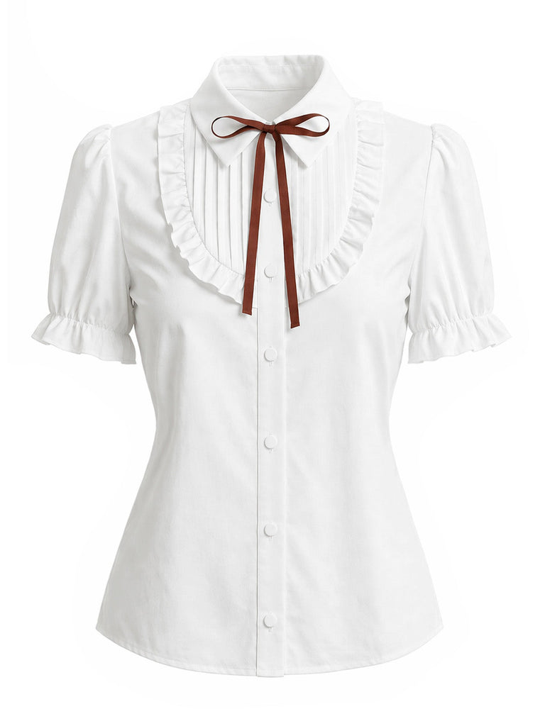 Weiße 40er Bluse mit Puffärmel und Rüschen