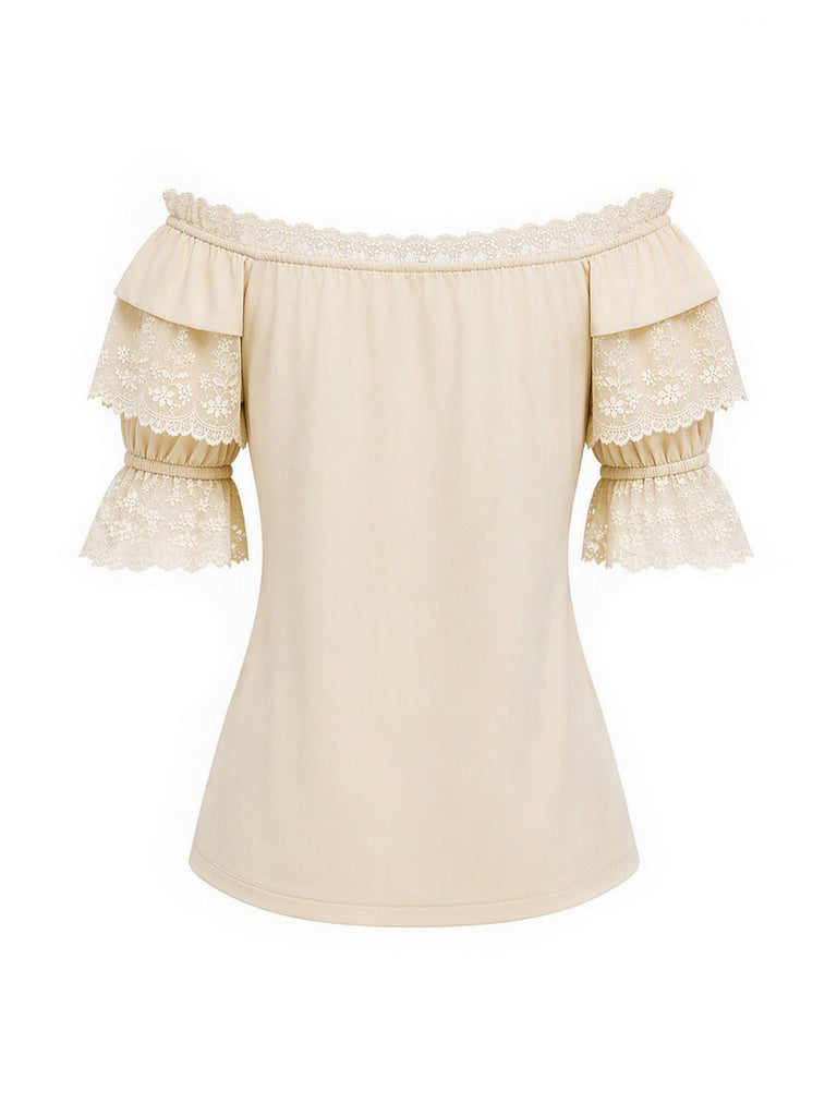 Beiges 70er Top & Rock Set mit Spitze und Rüschen