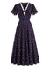 Dunkelviolettes 30er Blumenkleid mit V-Ausschnitt und Spitzenbesatz