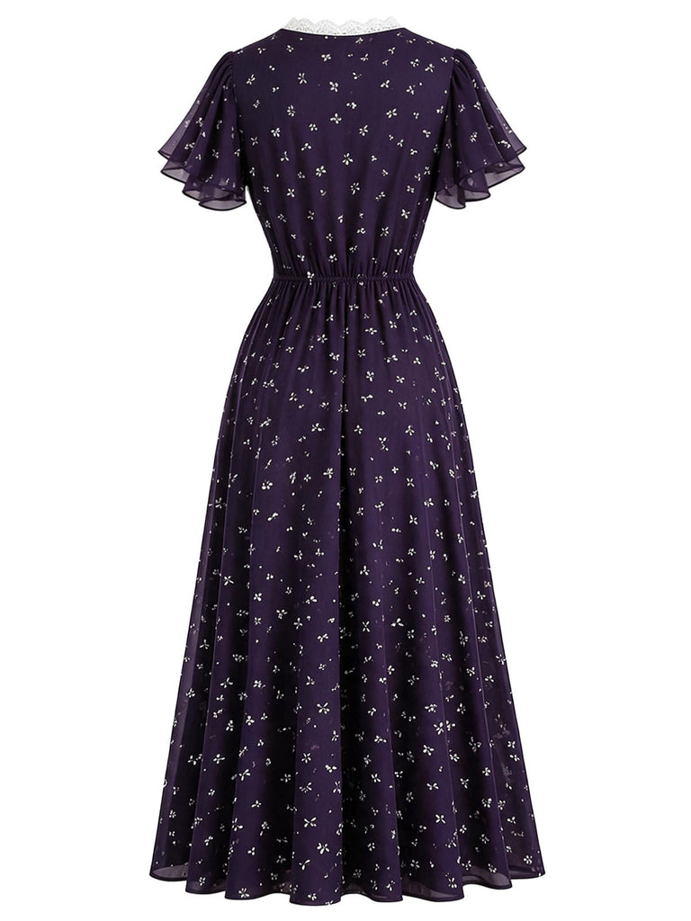 Dunkelviolettes 30er Blumenkleid mit V-Ausschnitt und Spitzenbesatz