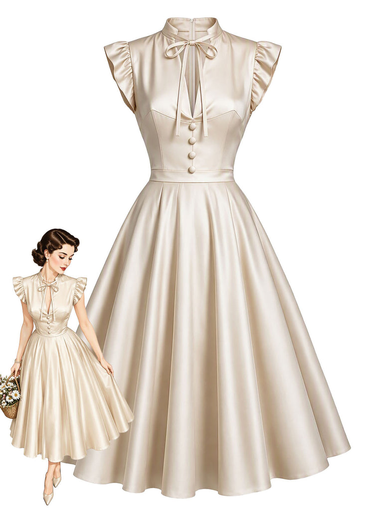 Beige 50er Satin-Swingkleid mit Flügelärmeln und V-Ausschnitt
