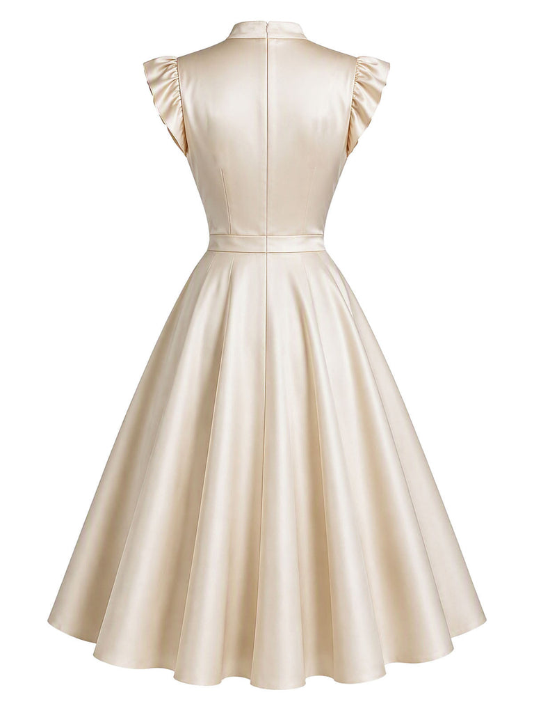 Beige 50er Satin-Swingkleid mit Flügelärmeln und V-Ausschnitt