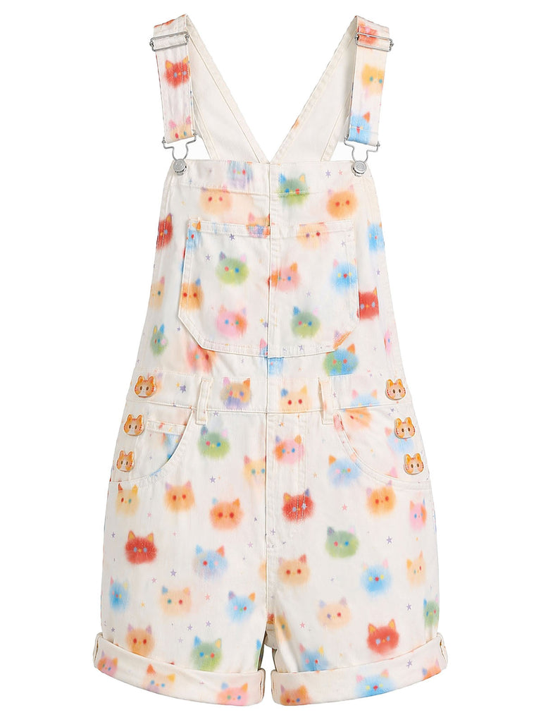 Bunter 80er Jeans-Romper mit Katzengesicht