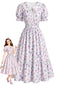 [Vorverkauf] Grauviolettes 40er Blumenkleid mit Bubikragen und Puffärmeln