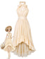 [Vorverkauf] Beige 30er Neckholder-Kleid mit High-Low-Saum und Rüschen