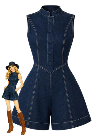 Blauer 80er Ärmelloses Jeans-Romper mit Knopfleiste und Stand