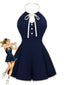 [Vorverkauf] Marineblauer 70er Neckholder-Romper mit Schleife und Kontrastpaspel