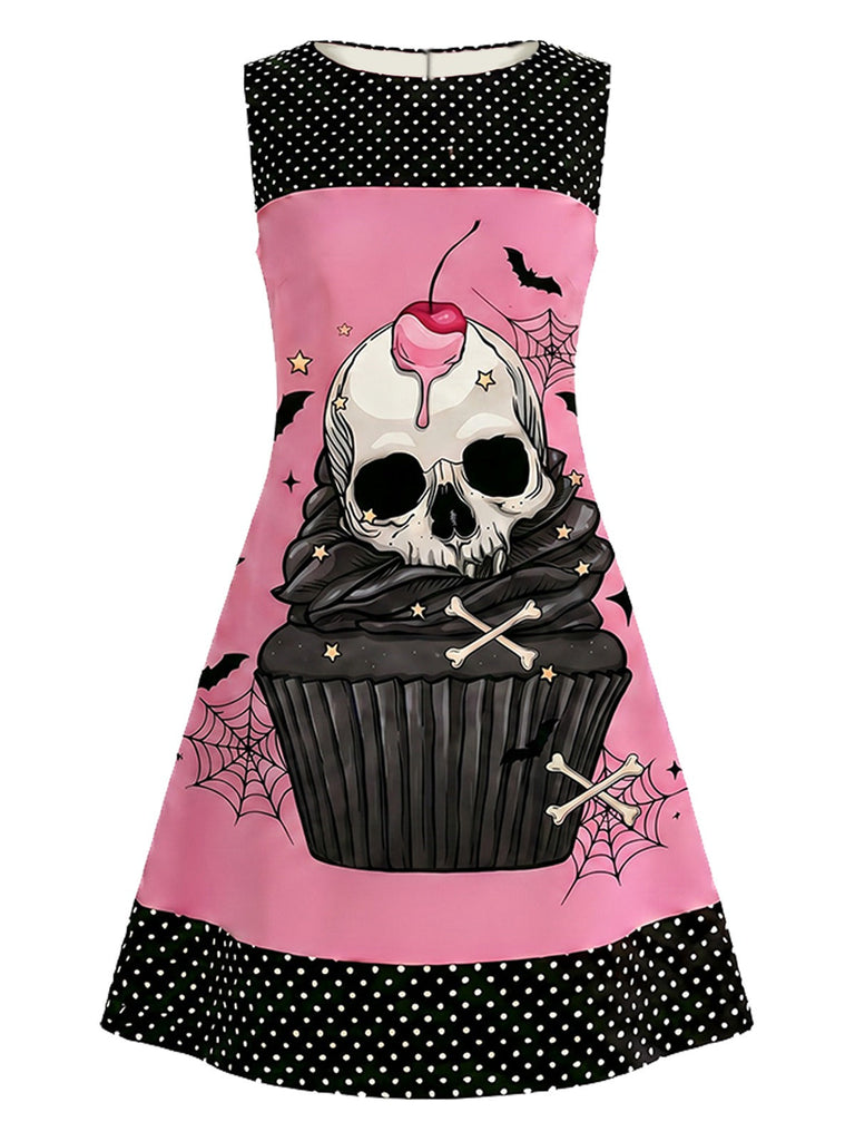 [Vorverkauf] Rosa 60er Gothic-Kleid mit Totenkopf-Cupcake und Polka-Dots
