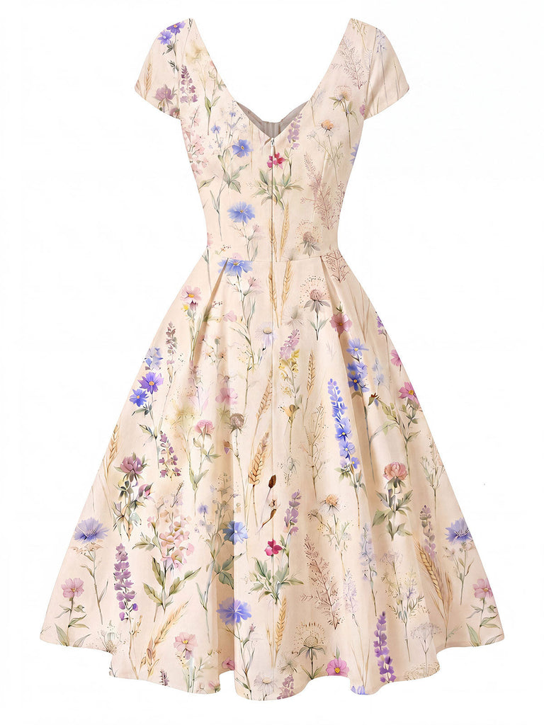 [Vorverkauf] Beige 50er Kleid mit Wildblumen und Schleife