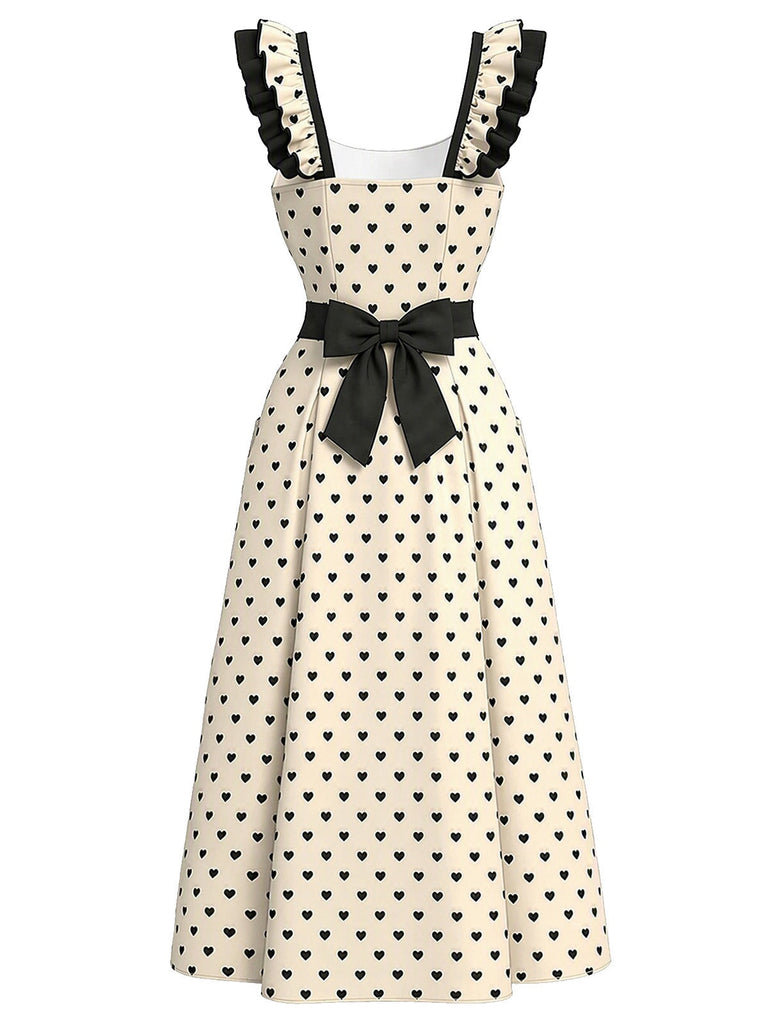 [Vorverkauf] Elfenbeinfarbenes 40er Kleid mit Herzen und Rüschenträgern