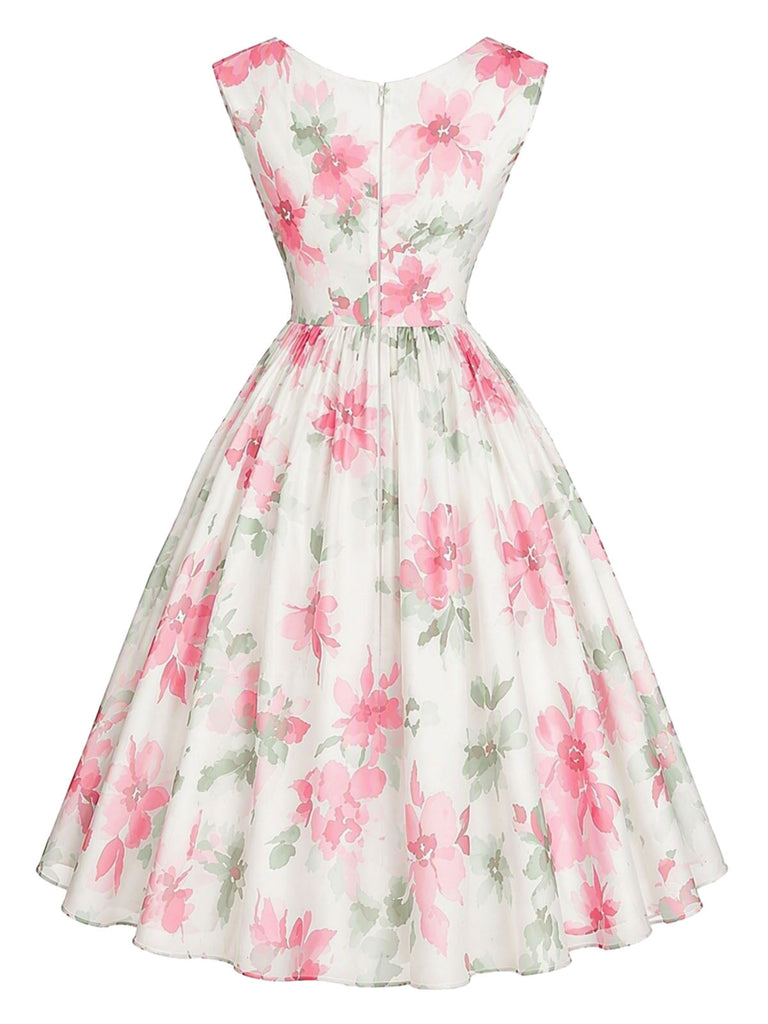 Rosa 50er Kleid mit V-Ausschnitt und Blumen