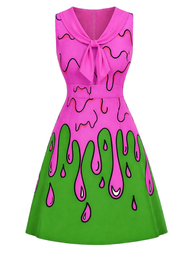 [Vorverkauf] 60er Ärmelloses Kleid mit Schluppe und Slime-Print