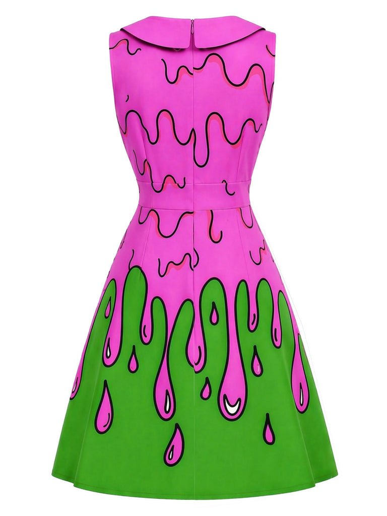 [Vorverkauf] 60er Ärmelloses Kleid mit Schluppe und Slime-Print