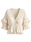 [Vorverkauf] Beige 70er Boho-Bluse mit Rüschen und Puffärmeln