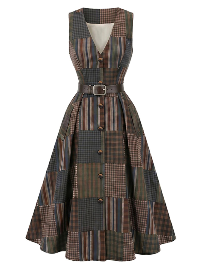Braunes ärmelloses 40er A-Linien-Kleid mit Patchwork-Karos und Gürtel