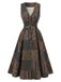 Braunes ärmelloses 40er A-Linien-Kleid mit Patchwork-Karos und Gürtel
