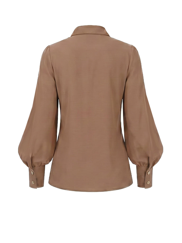 Braune 40er Bluse mit Ballonärmeln und verdeckter Knopfleiste