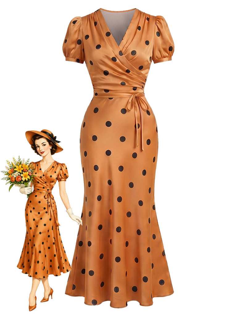 Orange 30er Satin-Kleid mit Polka-Dots und V-Ausschnitt