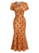 Orange 30er Satin-Kleid mit Polka-Dots und V-Ausschnitt