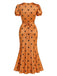 Orange 30er Satin-Kleid mit Polka-Dots und V-Ausschnitt